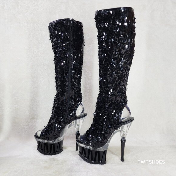 Pleaser Spiky Black Sequin Knee Boots Spiked Design Platform - Picture 8 of 12